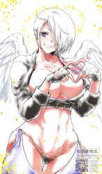 Rule 34 | 1girl, angel (kof), angel wings, artist name, backless pants, blue eyes, breasts, chakuchiten, cleavage, crop top, cropped jacket, curvy, fingerless gloves, gloves, grin, hair over one eye, heart, heart hands, highres, jacket, large breasts, leather, leather jacket, legs, looking at viewer, midriff, navel, pants, short hair, smile, snk, solo, strapless, the king of fighters, the king of fighters xiv, thick thighs, thighs, thong, toned, tongue, tongue out, underwear, wada chakuchiten, white hair, wide hips, wings