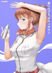 Rule 34 | 10s, 1girl, anchor, arm over head, armpits, blue eyes, bottle, breast pocket, brown hair, curry soba, day, dress, hand over head, highres, kantai collection, long hair, neckerchief, pocket, ponytail, profile, red neckerchief, saratoga (kancolle), side ponytail, sidelocks, sky, solo, translation request, upper body, white dress