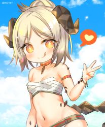 Rule 34 | + +, 1girl, :q, arknights, bad id, bad pixiv id, bandeau, bare shoulders, bikini, blue sky, blush, breasts, cleavage, closed mouth, cloud, cloudy sky, collar, collarbone, curled horns, day, hair bun, heart, horns, ifrit (arknights), ifrit (sunburn) (arknights), light brown hair, looking at viewer, mashiro miru, nail polish, official alternate costume, orange eyes, orange nails, outdoors, parted bangs, red collar, single hair bun, sky, small breasts, smile, solo, spoken heart, strapless, strapless bikini, swimsuit, tail, tongue, tongue out, twitter username, w, white bikini