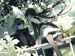 Rule 34 | 1boy, 1girl, ahoge, angel wings, black jacket, black pantyhose, black scarf, closed mouth, clothes grab, collared shirt, commentary request, dated, day, eyepatch, facing away, feet out of frame, funamusea, grabbing, grey eyes, grey footwear, grey pants, grey shirt, haiiro teien, hair between eyes, halo, high heels, jacket, leaf, leg up, long hair, long sleeves, looking at another, miniskirt, original, outdoors, pants, pantyhose, plant, ponytail, potted plant, psd (psdgai), scarf, shirt, short hair, sidelocks, signature, sitting, skirt, standing, standing on one leg, striped clothes, striped pants, sunlight, table, very long hair, white skirt, wings