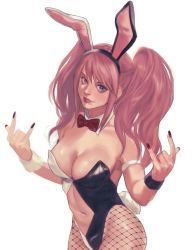 Rule 34 | 1girl, animal ears, bare shoulders, black leotard, blonde hair, bow, bowtie, breasts, cleavage, closed mouth, collarbone, cowboy shot, danganronpa: trigger happy havoc, danganronpa (series), detached collar, enoshima junko, fake animal ears, fishnet pantyhose, fishnets, grey background, hands up, highres, large breasts, leotard, nail polish, navel, official alternate costume, open leotard, pantyhose, playboy bunny, rabbit ears, red bow, red bowtie, red nails, rei (tdn ng), revealing clothes, shiny clothes, simple background, smile, solo, stomach, twintails, two-tone leotard, white leotard, wrist cuffs