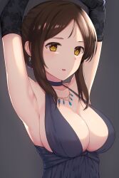 Rule 34 | 1girl, absurdres, armpits, arms up, ayase honoka, black gloves, blue bow, blue dress, blush, bow, breasts, brown eyes, brown hair, cleavage, collarbone, dress, earrings, elbow gloves, floral print, gloves, grey background, hair bow, highres, idolmaster, idolmaster cinderella girls, idolmaster cinderella girls starlight stage, jewelry, kozeni isari, long hair, looking at viewer, medium breasts, necklace, open mouth, ponytail, print gloves, sideboob, simple background, sleeveless, sleeveless dress, smile, solo, upper body