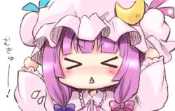 Rule 34 | &gt; &lt;, 1girl, arms up, crescent, closed eyes, female focus, hair ribbon, hat, lowres, mokku, mukyuu, patchouli knowledge, purple hair, ribbon, solo, touhou, upper body