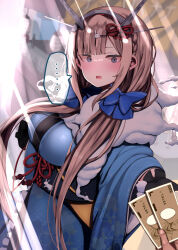 Rule 34 | 1girl, alternate costume, atsutoku, banknote, black gloves, blue bow, blue eyes, blue kimono, bow, braid, breasts, fur collar, furisode, gloves, hair bow, hair ornament, headgear, highres, holding, holding money, japanese clothes, kantai collection, kimono, large breasts, light brown hair, long hair, looking at viewer, low twintails, maryland (kancolle), money, obi, rabbit hair ornament, sash, side braids, solo focus, speech bubble, standing, twintails, wide sleeves