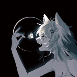 Rule 34 | 1girl, animal ears, antenna hair, arknights, bare shoulders, black background, black nails, bug, butterfly, grey hair, hand up, highres, insect, kaleka, lappland (arknights), long hair, messy hair, nail polish, pale skin, portrait, simple background, solo, wolf ears, wolf girl