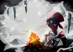 Rule 34 | 1girl, animal ears, animal feet, animal hands, backlighting, blurry, blurry foreground, body fur, campfire, cave, claws, creatures (company), female focus, fire, flat chest, forehead jewel, full body, furry, furry female, game freak, gen 4 pokemon, ghostpokemon94, grey background, grey fur, highres, looking down, multiple tails, nintendo, own hands together, pokemon, pokemon (creature), red eyes, sitting, snowing, solo, stalactite, tail, two tails, weavile, yellow gemstone