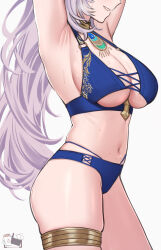 Rule 34 | 1girl, absurdres, alternate costume, armpits, arms up, bikini, blue bikini, breasts, dynorz, grey hair, highres, hololive, hololive indonesia, jewelry, large breasts, long hair, navel, pavolia reine, sideboob, smile, solo, sweat, swimsuit, thigh strap, thighs, virtual youtuber, white background