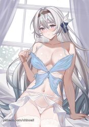 Rule 34 | 1girl, arm at side, armpit crease, babydoll, bare shoulders, black hairband, blue babydoll, blue hair, blue nails, blue ribbon, blush, bow, breasts, chinoa, cleavage, closed mouth, collarbone, cowboy shot, firefly (honkai: star rail), gradient hair, grey hair, hair between eyes, hair bow, hair intakes, hair ribbon, hairband, heart, heart in eye, highleg, highleg panties, highres, honkai: star rail, honkai (series), indoors, large breasts, long hair, looking at viewer, multicolored hair, nail polish, navel, panties, pulling own clothes, purple eyes, ribbon, sidelocks, solo, stomach, sweatdrop, symbol in eye, thick thighs, thighhighs, thighs, underwear, white bow, white panties, white thighhighs, window
