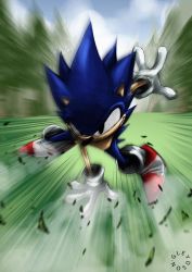Rule 34 | action, battle, blue hair, fighting, fighting stance, furry, furry male, grass, gureiduson, solo, sonic (series), sonic the hedgehog