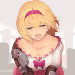 Rule 34 | 10s, 1girl, blonde hair, blush, breasts, brown eyes, cleavage, collarbone, djeeta (granblue fantasy), dress, fighter (granblue fantasy), granblue fantasy, hairband, open mouth, puffy sleeves, short hair, solo, sts, upper body