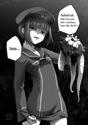 Rule 34 | 1girl, abyssal ship, alternate language, breasts, character name, clothes writing, cowboy shot, dress, ebiblue, enemy naval mine (kancolle), english text, gesugao, half-closed eyes, hat, holding, kantai collection, long sleeves, looking at viewer, monochrome, open mouth, red eyes, sailor collar, sailor dress, sailor hat, shaded face, short hair, sidelocks, signature, small breasts, spot color, tentacles, twitter username, z3 max schultz (kancolle)