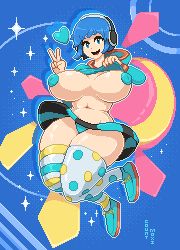 Rule 34 | 1girl, blue eyes, blue hair, breasts, clothes, clothes grab, countmoxi, female focus, green panties, headphones, heart, huge breasts, looking at viewer, medium hair, open clothes, open mouth, panties, pasties, persona, persona 3, pixel art, smile, solo, thighhighs, underwear, v, yamagishi fuuka