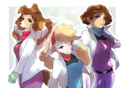 Rule 34 | 3girls, :3, animal ears, animal nose, bandana, belt, blonde hair, blue eyes, blue gloves, blue shirt, body fur, border, breasts, brown eyes, brown fur, brown hair, closed mouth, cowboy shot, dog ears, dog girl, dog girl (star fox 2 prototype), dog tail, earpiece, female focus, finger to mouth, from side, furry, furry female, gloves, green background, green gloves, hair intakes, half-closed eye, hand up, happy, high collar, index finger raised, jacket, long hair, long sleeves, looking at viewer, medium breasts, multicolored hair, multicolored shirt, multiple girls, namagaki yukina, nintendo, one eye closed, open clothes, open jacket, outline, outside border, own hands together, pants, parted lips, pink pants, prototype design, purple eyes, purple shirt, sheep ears, sheep girl, sheep girl (star fox 2 prototype), shirt, short-haired woman (star fox 2 prototype), short hair, shushing, simple background, smile, snout, standing, star fox, star fox 2, tail, teeth, thick thighs, thighs, two-tone fur, two-tone hair, upper body, white border, white fur, white hair, white jacket, white outline, wink