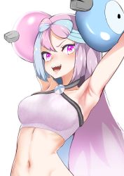 Rule 34 | 1girl, absurdres, afyxrdgork6hv1c, armpits, arms up, bow-shaped hair, breasts, character hair ornament, creatures (company), game freak, hair ornament, hexagon print, highres, iono (pokemon), navel, nintendo, pokemon, pokemon sv, sharp teeth, simple background, small breasts, solo, star (symbol), star in eye, symbol in eye, teeth, white background, x