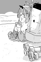 Rule 34 | 2girls, absurdres, beach, dirty, dirty clothes, from behind, greyscale, hair ribbon, highres, hugging own legs, kantai collection, kneehighs, long hair, lying, machinery, mast, monochrome, multiple girls, ocean, out of frame, outdoors, pleated skirt, ponytail, poyo (hellmayuge), ribbon, rigging, rudder footwear, school uniform, serafuku, shadow, shikinami (kancolle), short sleeves, sitting, skirt, smokestack, socks, torn clothes, water