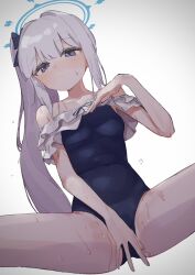Rule 34 | 1girl, bare arms, bare legs, bare shoulders, black one-piece swimsuit, blue archive, blue halo, blush, breasts, closed mouth, epi zero, frilled one-piece swimsuit, frills, grey hair, halo, highres, long hair, looking at viewer, miyako (blue archive), miyako (swimsuit) (blue archive), off-shoulder one-piece swimsuit, off shoulder, official alternate costume, one-piece swimsuit, ponytail, purple eyes, small breasts, solo, swimsuit, wet, white background
