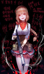 Rule 34 | 1girl, arm warmers, assault rifle, beret, black background, blonde hair, blood, blood on clothes, blood on face, blood splatter, blue eyes, blush, braid, breasts, brown skirt, cowboy shot, fn fnc, fnc (girls&#039; frontline), girls&#039; frontline, gun, hair between eyes, hair ornament, hair ribbon, hara, hat, head tilt, highres, holding, holding gun, holding weapon, korean text, layered skirt, long hair, looking at viewer, medium breasts, open mouth, pouch, red scarf, ribbon, rifle, scarf, shirt, sidelocks, skirt, sleeves rolled up, smile, smoke trail, solo, standing, thighs, translation request, very long hair, weapon, white shirt
