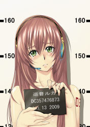 Rule 34 | 00s, 1girl, 2009, alternate breast size, blush, fingernails, flat chest, green eyes, head tilt, headset, height chart, holding, holding sign, long hair, megurine luka, mugshot, pink hair, realmbw, sign, sign holding, solo, tattoo, tears, topless, vocaloid