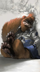 Rule 34 | 10s, barefoot, cigarette, furry, grin, hakumei to mikochi, hands in pockets, highres, incal, iwashi (hakumei to mikochi), jacket, crossed legs, looking at viewer, sitting, smile, smoking, solo, weasel