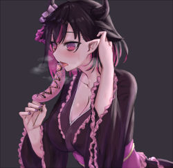 Rule 34 | 1girl, bags under eyes, black hair, black kimono, blush, breasts, breath, chinese commentary, chocolate banana, cleavage, colored inner hair, commentary request, demon girl, demon horns, frilled kimono, frills, grey background, hair between eyes, highres, horns, japanese clothes, kimono, large breasts, long hair, long sleeves, multicolored hair, nijisanji, open mouth, pink eyes, pink hair, pointy ears, sexually suggestive, simple background, solo, tongue, tongue out, two-tone hair, upper body, virtual youtuber, yamiyono moruru, yeklsa