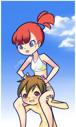 Rule 34 | 1boy, 1girl, bikini, blush, breasts, brown eyes, brown hair, carrying, cloud, collarbone, couple, digimon, digimon tamers, drantyno, highres, looking at another, looking down, looking up, makino ruki, matsuda takato, open mouth, piggyback, ponytail, purple eyes, red hair, short hair, sky, small breasts, smile, swimsuit, teeth, topless, white bikini