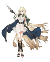Rule 34 | 1girl, ankle cuffs, blonde hair, blue cape, braided sidelock, breasts, cape, capelet, cleavage, commentary request, crossed legs, dress, elf, eltolinde (unicorn overlord), full body, green capelet, green eyes, highres, holding, holding polearm, holding weapon, large breasts, leotard, long hair, looking ahead, pointy ears, polearm, sandals, see-through, see-through dress, simple background, solo, standing, starshadowmagician, toes, unicorn overlord, very long hair, weapon, white background, white dress, white leotard