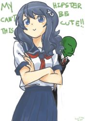 Rule 34 | 1boy, 1girl, 4chan, :&gt;, anonymous (4chan), artist name, blue eyes, blue hair, blush stickers, can&#039;t be this cute, colored skin, crossed arms, english text, faceless, faceless male, formal, green skin, hair ornament, kyuubiness, long hair, long skirt, md5 mismatch, necktie, ore no imouto ga konna ni kawaii wake ga nai, parody, personification, resized, resolution mismatch, school uniform, simple background, skirt, source larger, suit, sweatdrop, tumblr, white background