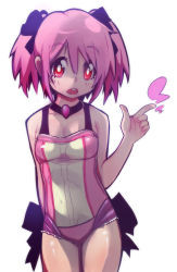 Rule 34 | 10s, 1girl, bare shoulders, bow, breasts, dappled sunlight, hair ribbon, jewelry, kaname madoka, looking at viewer, mahou shoujo madoka magica, mahou shoujo madoka magica (anime), necklace, open mouth, pink eyes, pink hair, red eyes, ribbon, sho-n-d, short hair, short twintails, simple background, small breasts, solo, sunlight, twintails, underwear, white background