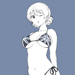 1girl arms_behind_back bikini braid braided_bun breasts cleavage darjeeling_(girls_und_panzer) flag_print girls_und_panzer hair_bun highres large_breasts legs looking_at_viewer monochrome navel one_eye_closed onsen_tamago_(hs_egg) open_mouth side-tie_bikini_bottom sideboob solo swimsuit thighs thong_bikini tongue union_jack union_jack_bikini