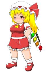 Rule 34 | 1girl, absurdres, ascot, asheta7, blonde hair, blush, breasts, covered navel, flandre scarlet, hat, highres, large breasts, looking at viewer, mob cap, red eyes, red footwear, shoes, side ponytail, smile, smug, solo, touhou