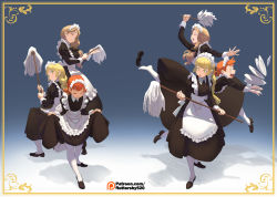Rule 34 | 3girls, annette fantine dominic, blonde hair, bow, closed mouth, closed eyes, fire emblem, fire emblem: three houses, from side, green eyes, green little, hair bow, holding, ingrid brandl galatea, long hair, long sleeves, low ponytail, maid, maid headdress, mercedes von martritz, mop, multiple girls, nintendo, open mouth, orange hair, plate, simple background, twintails, watermark, web address, white legwear