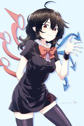 Rule 34 | 1girl, ahoge, arm behind back, asymmetrical wings, black dress, black hair, black thighhighs, blue background, blue wings, bow, bowtie, breasts, center frills, commentary request, cowboy shot, dated, dress, frills, hair between eyes, hand up, highres, houjuu nue, kisamu (ksmz), leaning forward, looking at viewer, medium breasts, pointy ears, red bow, red bowtie, red eyes, red wings, shiny clothes, shiny legwear, short dress, short hair, short sleeves, signature, silhouette, simple background, skindentation, solo, standing, thighhighs, thighs, touhou, wings, wristband, zettai ryouiki