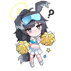 Rule 34 | 1girl, ?, animal ears, b.t. (boob tong), bare shoulders, black eyes, black hair, blue archive, blush, breasts, cheerleader, chibi, cleavage, dog ears, dog girl, dog tail, goggles, goggles on head, hair ornament, halo, hibiki (blue archive), hibiki (cheer squad) (blue archive), highres, holding, holding pom poms, looking at viewer, medium breasts, midriff, millennium cheerleader outfit (blue archive), miniskirt, navel, nose blush, official alternate costume, open mouth, pleated skirt, pom pom (cheerleading), pom poms, ponytail, shirt, shoes, simple background, skirt, sleeveless, sneakers, solo, spoken question mark, standing, star (symbol), star hair ornament, sticker on face, sweat, tail, white skirt, yellow halo