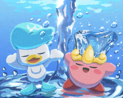 Rule 34 | bird, blush stickers, closed eyes, copy ability, creatures (company), crossover, crown, duck, game freak, kirby, kirby (series), miclot, nintendo, no humans, open mouth, pink footwear, pokemon, pokemon (creature), quaxly, shoes, smile, underwater, water, water kirby