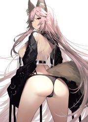 Rule 34 | 1girl, absurdres, alternate costume, animal ears, ass, bad id, bad twitter id, breasts, character name, fate/extra, fate/grand order, fate (series), fox ears, fox girl, fox tail, highres, long hair, long sleeves, looking at viewer, looking back, pink hair, see-through, sideboob, solo, sora 72-iro, tail, tamamo (fate), tamamo no mae (fate/extra), thong, very long hair, white background, yellow eyes