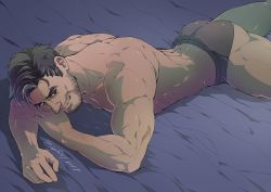 Rule 34 | 1boy, absurdres, arm hair, ass, bara, beard, black eyes, black hair, briefs, dream daddy: a dad dating simulator, evinist, facial hair, feet out of frame, grin, highres, lying, male focus, male underwear, mature male, muscular, muscular male, on bed, on stomach, robert (dream daddy), robert small, short hair, smile, solo, teeth, thick thighs, thighs, underwear