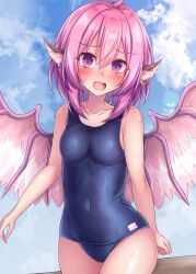 Rule 34 | 1girl, absurdres, ahoge, animal ears, bare arms, bare legs, bare shoulders, bird ears, bird wings, black one-piece swimsuit, blush, breasts, collarbone, covered navel, cowboy shot, earrings, fang, hair between eyes, highres, jewelry, looking at viewer, mystia lorelei, one-piece swimsuit, open mouth, pink eyes, pink hair, school swimsuit, short hair, single earring, siw0n, small breasts, solo, swimsuit, touhou, white wings, wings