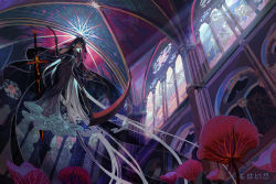 Rule 34 | 1girl, arm hair, black dress, black hair, black veil, cathedral, chinese commentary, chinese text, church interior, closed eyes, closed mouth, commentary request, crossed fingers, dress, evernight goddess, extra arms, floating, flower, fog, from below, highres, holding, holding lamp, holding scythe, holding sword, holding weapon, indoors, klein moretti, long hair, looking down, lord of the mysteries, mochuufantasy, mural, own hands together, pillar, scythe, solo, stained glass, star (symbol), sword, symbolism, translation request, veil, weapon, wolf