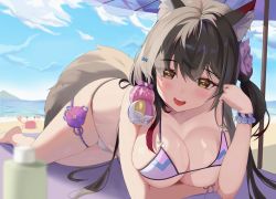 Rule 34 | 1girl, :d, absurdres, animal ear fluff, animal ears, bare arms, bare shoulders, beach, bead bracelet, beads, bikini, blue archive, blurry, bracelet, breasts, choyeon, cleavage, day, depth of field, fox ears, fox girl, fox tail, highres, jewelry, large breasts, long hair, looking at viewer, lying, natu (natu sod), navel, on stomach, one side up, open mouth, outdoors, skindentation, smile, solo, stomach, strap gap, string bikini, swimsuit, tail, thigh strap, thighs, wakamo (blue archive), wakamo (swimsuit) (blue archive), white bikini