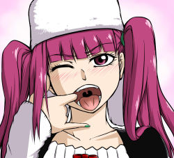 Rule 34 | 1girl, bleach, blush, dokugamine riruka, eyelashes, finger in own mouth, green nails, hanya (hanya yashiki), hat, long hair, looking at viewer, mouth pull, nail polish, one eye closed, open mouth, oral invitation, pinky out, purple eyes, purple hair, sexually suggestive, solo, tongue, twintails, upper body, uvula, wink