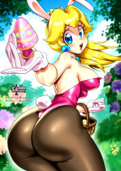 Rule 34 | 1girl, absurdres, animal ears, ass, bare shoulders, basket, blonde hair, blue eyes, blue sky, blurry, blurry background, blush, breasts, brown pantyhose, bush, butt plug, cowboy shot, crown, curvy, day, earrings, easter egg, egg, fake animal ears, from behind, gloves, grass, highleg, highleg leotard, highres, huge ass, jewelry, large breasts, leotard, lips, long hair, looking at viewer, looking back, mario (series), nintendo, open mouth, outdoors, pantyhose, pink leotard, playboy bunny, princess peach, rabbit ears, sasa tseng, sex toy, sky, smile, solo, standing, super mario bros. 1, thong leotard, upper body, white gloves, wide hips