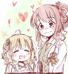 Rule 34 | 10s, 2girls, :3, :d, ^ ^, age difference, ahoge, black dog (ckdfhd), blonde hair, blush, brown hair, child, closed eyes, couple, dress, flower, futaba anzu, heart, height difference, idolmaster, idolmaster cinderella girls, low twintails, moroboshi kirari, multiple girls, no nose, onee-loli, open mouth, ponytail, size difference, sketch, smile, tuxedo, twintails, upper body, wedding, wedding dress, wife and wife, yuri