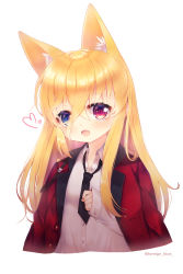 Rule 34 | 1girl, :d, animal ear fluff, animal ears, bad id, bad pixiv id, black necktie, blonde hair, blue eyes, blush, borrowed clothes, cat ears, collared shirt, commentary request, cropped torso, dress shirt, fang, foreign blue, g41 (girls&#039; frontline), girls&#039; frontline, griffin &amp; kryuger military uniform, hair between eyes, head tilt, heart, heterochromia, highres, jacket, korean commentary, long hair, long sleeves, looking at viewer, necktie, open clothes, open jacket, open mouth, red eyes, red jacket, shirt, short necktie, simple background, sleeves past wrists, smile, solo, twitter username, very long hair, white background, white shirt