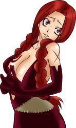 Rule 34 | 1girl, breast tattoo, breasts, cleavage, fairy tail, flare corona, gloves, highres, large breasts, long hair, red eyes, red hair, scar, solo, tattoo