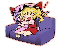 Rule 34 | 2girls, :d, ^ ^, blonde hair, blue hair, blush, closed eyes, couch, expressionless, closed eyes, fang, female focus, flandre scarlet, flying sweatdrops, hat, heart, hug, jitome, multiple girls, open mouth, remilia scarlet, short hair, siblings, side ponytail, sisters, sitting, smile, touhou, ume (noraneko)