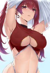 Rule 34 | 1girl, armpit crease, armpits, arms up, breasts, center opening, cleavage, commentary, cowboy shot, english commentary, gradient background, hair between eyes, highres, hololive, houshou marine, large breasts, long hair, looking afar, micchan (micchanmeido), multicolored eyes, navel, parted lips, red eyes, red hair, shadow, simple background, sleeveless, solo, sweat, twintails, underboob, undressing, virtual youtuber, white hair, yellow eyes