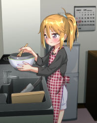 Rule 34 | 1girl, apron, black shirt, blonde hair, blurry, blurry background, blush, calendar (object), closed mouth, collarbone, commentary request, cutting board, depth of field, grey shorts, hair between eyes, highres, holding, holding spoon, idolmaster, idolmaster cinderella girls, indoors, knife, long sleeves, mebachi maguro (trok mebachi), mixing bowl, plaid, plaid apron, ponytail, purple eyes, red apron, shirt, short shorts, shorts, sidelocks, sink, solo, spoon, sweat, valentine, wooden spoon, yuuki haru