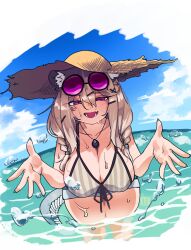 Rule 34 | 1girl, absurdres, animal ear fluff, aqua nails, arknights, bikini, blue background, blue sky, blue tail, breasts, brown hair, cleavage, collarbone, cowboy shot, eyewear on head, hair between eyes, hat, highres, jewelry, large breasts, looking at viewer, medium hair, necklace, ocean, open mouth, purple eyes, shima (wideshi ma), short shorts, shorts, sky, smile, solo, striped bikini, striped clothes, sun hat, swimsuit, utage (arknights), utage (summer flowers) (arknights), water, water drop, wet