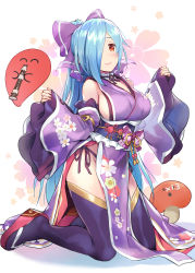 Rule 34 | .live, 1girl, bare shoulders, black thighhighs, blue hair, blue sash, blush, bow, breasts, commentary request, detached sleeves, floral background, floral print, flute, hair bow, hair over one eye, hands up, highres, holding flute, holding instrument, instrument, japanese clothes, kimono, kneeling, large breasts, long hair, long sleeves, looking at viewer, matsuda (matsukichi), mushroom, obi, panties, pelvic curtain, ponytail, purple bow, purple kimono, recorder, red eyes, red footwear, sandals, sash, shadow, side-tie panties, sideboob, sleeveless, sleeveless kimono, smile, solo, thighhighs, thighs, underwear, very long hair, virtual youtuber, white background, wide sleeves, yamato iori
