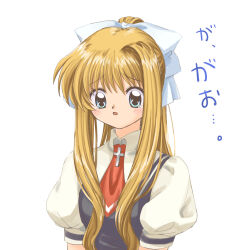 Rule 34 | 1girl, air (visual novel), ascot, black skirt, blonde hair, blue eyes, bow, collared shirt, cross, crying, crying with eyes open, dencintown, gao, hair bow, highres, kamio misuzu, light blush, long hair, looking down, ponytail, puffy short sleeves, puffy sleeves, red ascot, school uniform, shirt, short sleeves, sidelocks, simple background, single hair intake, skirt, solo, suspender skirt, suspenders, tears, translated, upper body, white background, white bow, white shirt